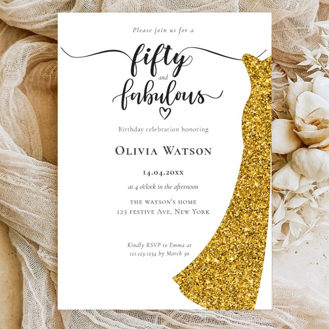 Invitación Elegante Gold Gown 50 y fabuloso cumpleaños (Subido por el creador)