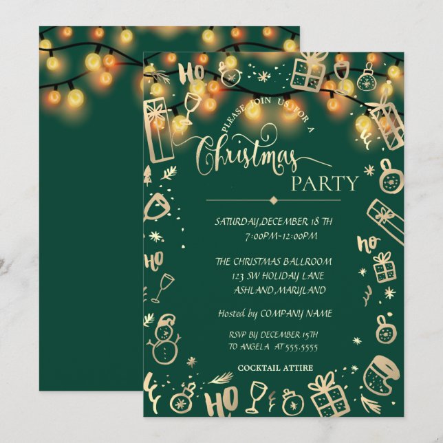 Invitación Elegante Gold Green, Fiesta de Navidades de la com (Anverso / Reverso)