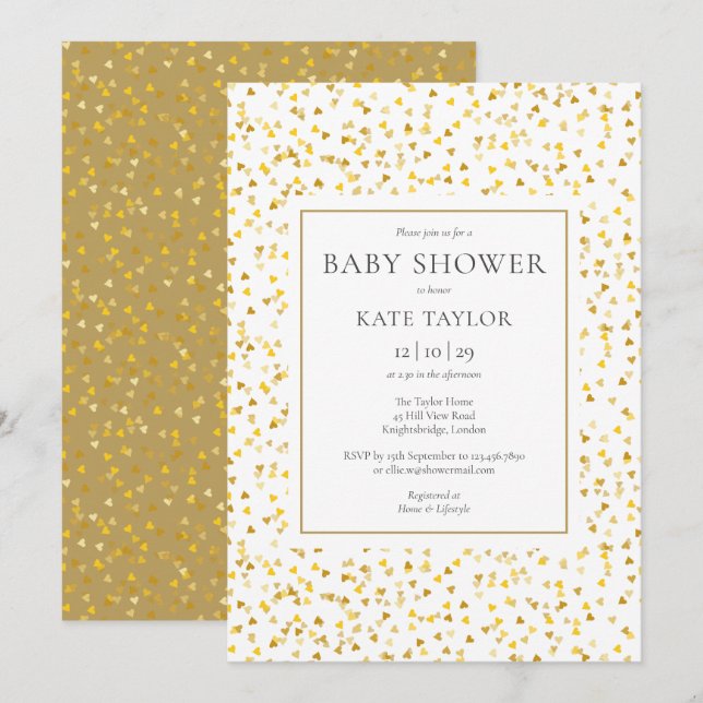 Invitación Elegante Gold Hearts Confetti Baby Shower (Anverso / Reverso)