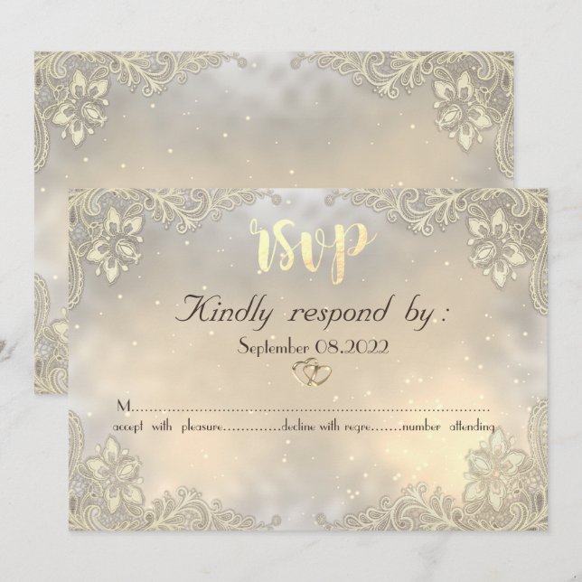 Invitación Elegante Gold Hearts Lace Wedding RSVP (Anverso / Reverso)