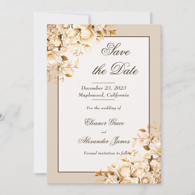 Invitación Elegante Gold & Ivory Floral Formal Save the Date (Anverso)