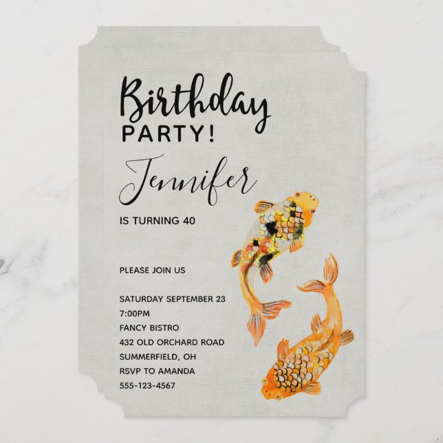 Invitación Elegante Gold Koi Fish Birday (Anverso / Reverso)