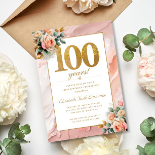Invitación Elegante Gold Peach Pink Floral 100 cumpleaños