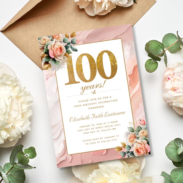 Invitación Elegante Gold Peach Pink Floral 100 cumpleaños (Subido por el creador)