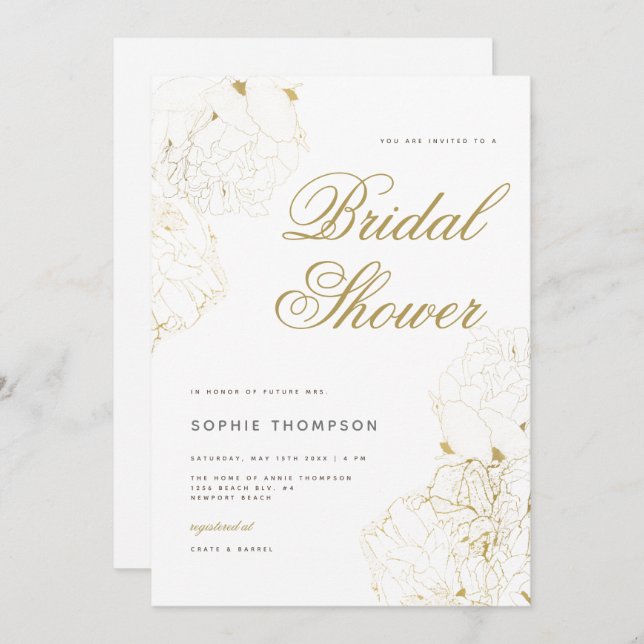Invitación Elegante Gold Peonies Floral Sketch Bridal Shower (Anverso / Reverso)