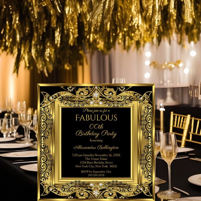 Invitación Elegante Gold Photo Birday Party Black Damask SQ (Subido por el creador)