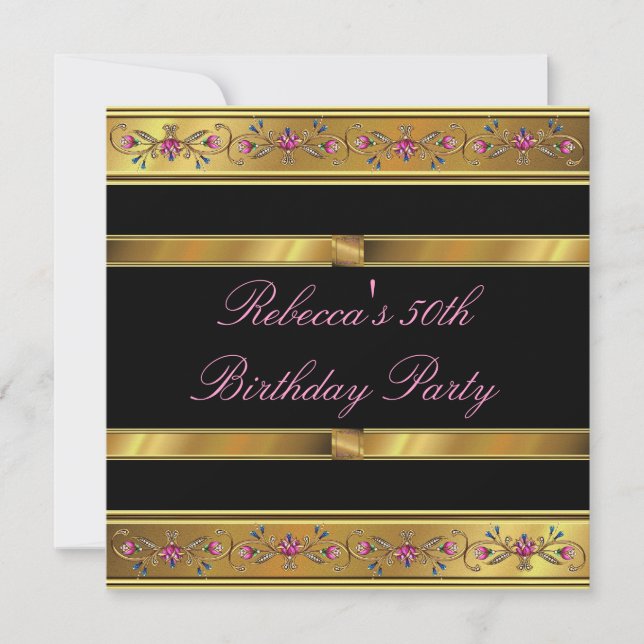 Invitación Elegante Gold Pink Floral 50th Birthday Party Blac (Anverso)