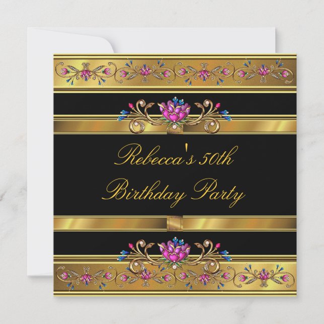 Invitación Elegante Gold Pink Floral 50th Birthday Party Blac (Anverso)