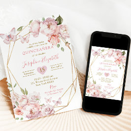 Invitación Elegante Gold Pink Floral Mis Quince Años Cumpleañ