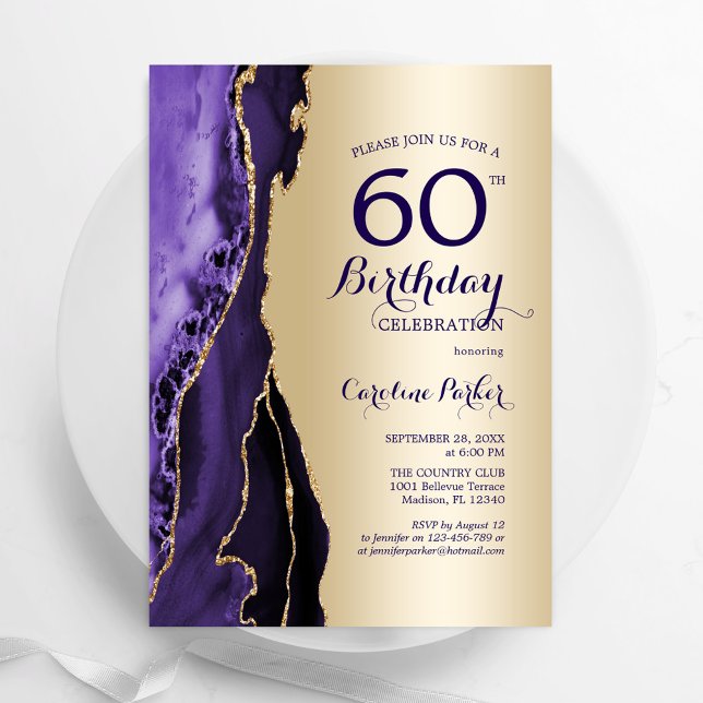 Invitación Elegante Gold Purple Agate 60 cumpleaños (Subido por el creador)
