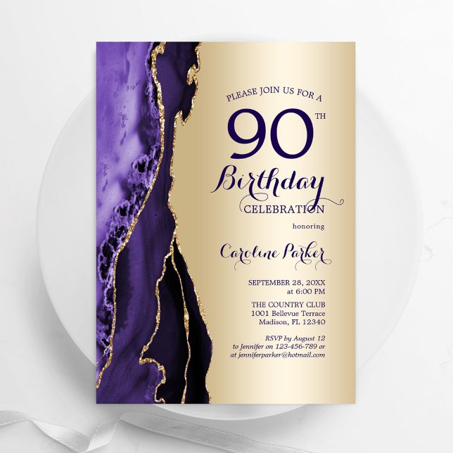 Invitación Elegante Gold Purple Agate 90 cumpleaños (Subido por el creador)