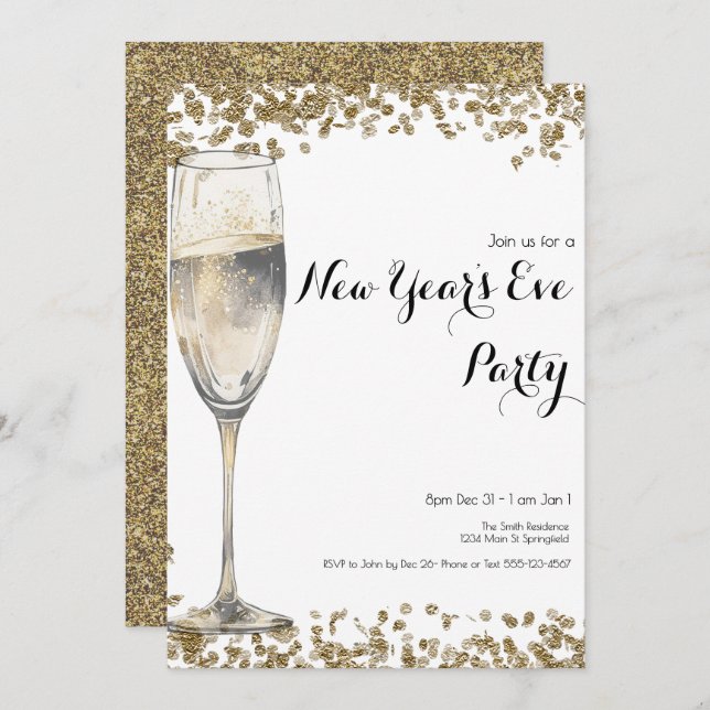 Invitación Elegante Gold Sequins Nochevieja Champagne (Anverso / Reverso)