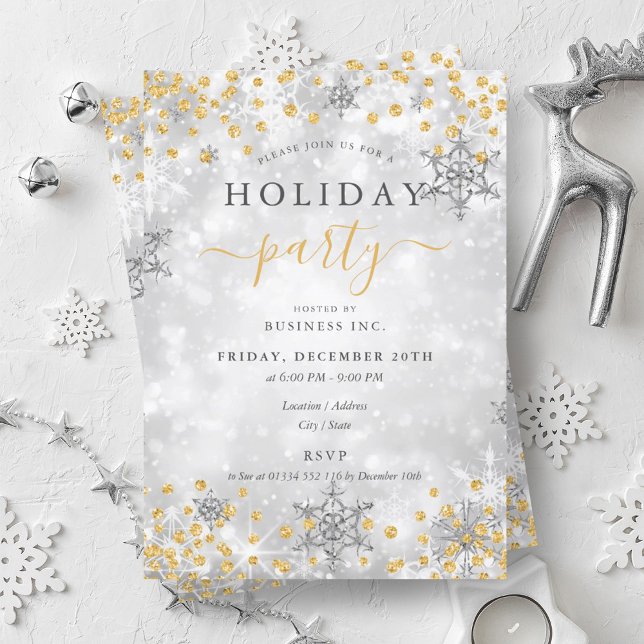 Invitación Elegante Gold Silver Noche navideña vacaciones en  (Elegant Gold Silver Xmas Winter Company Holiday Invitation)