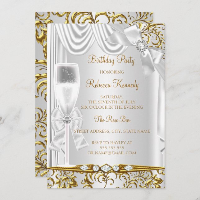Invitación Elegante Gold Silver White Silk Champagne Cumpleañ (Anverso / Reverso)