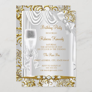 Invitación Elegante Gold Silver White Silk Champagne Cumpleañ