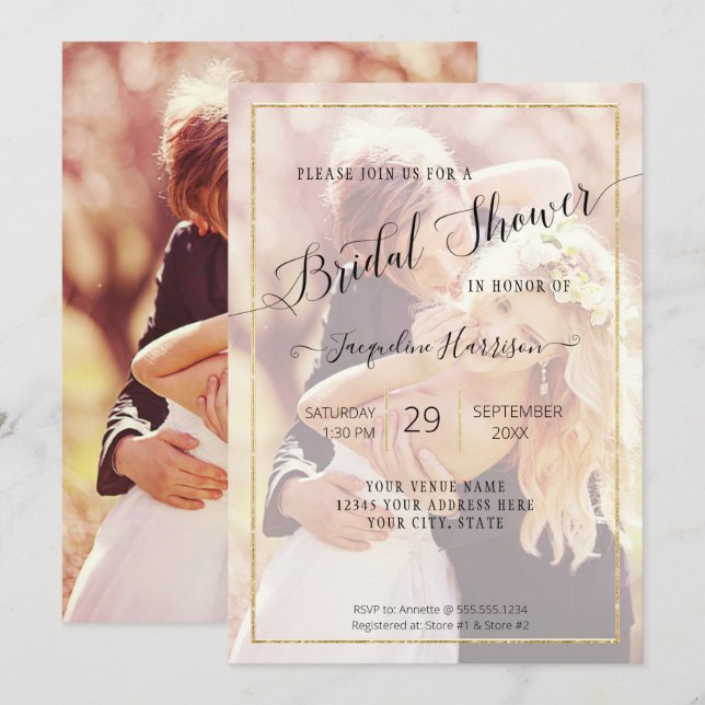Invitación Elegante Gold Simple Script Bridal Shower Foto (Anverso / Reverso)