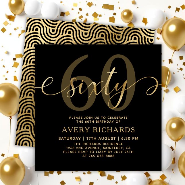 Invitación Elegante Gold Sixty Script Negro 60 cumpleaños (Subido por el creador)