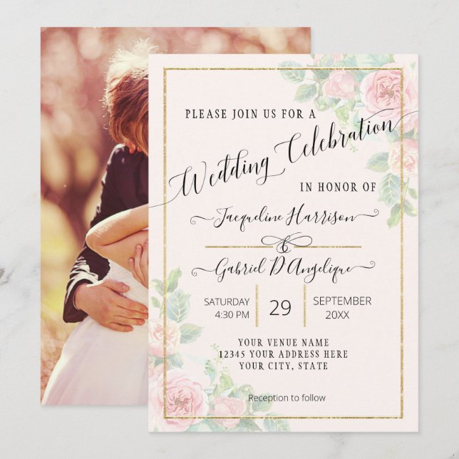 Invitación Elegante Gold Watercolor Floral Script Boda Invi (Anverso / Reverso)