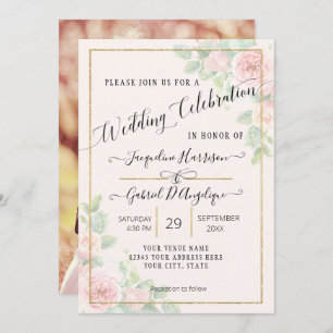 Invitación Elegante Gold Watercolor Floral Script Boda Invi