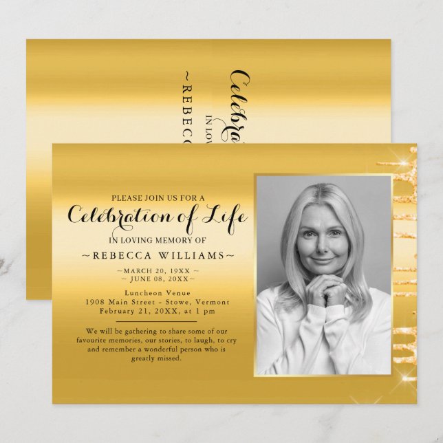 Invitación Elegante Golden Modern Photo Celebration of life (Anverso / Reverso)