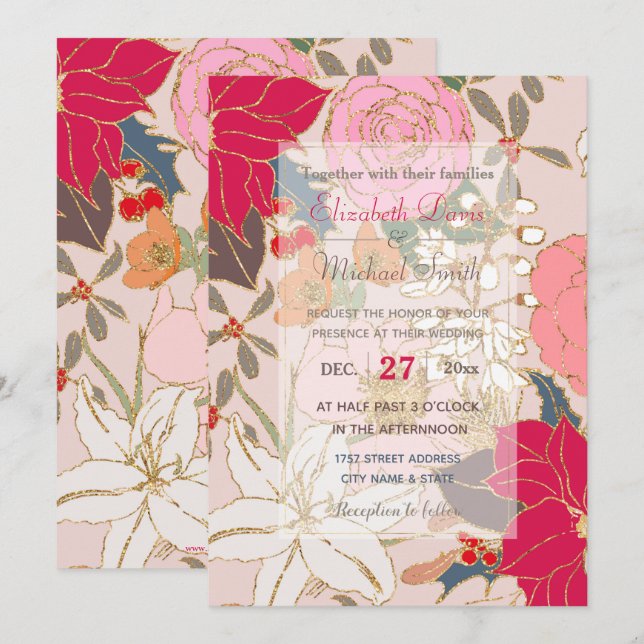 Invitación Elegante Golden Strokes Colorful Winter Floral (Anverso / Reverso)