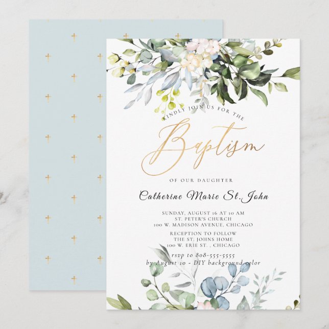 Invitación Elegante Goma Azul Dusty Eucalyptus Faux Gold (Anverso / Reverso)