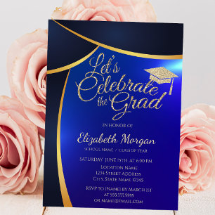Invitación Elegante gorra de graduación con brillo dorado, gr