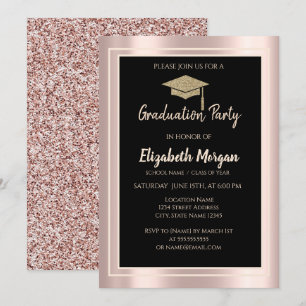 Invitación Elegante gorra de graduación con brillo Rosa Dorad