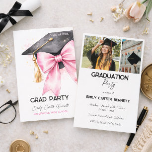 Invitación Elegante Gorra de Graduación con Lazo Coquette Ros