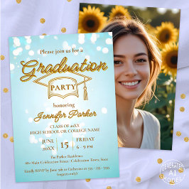 Invitación Elegante Gorra de Graduación Dorada sobre Fiesta d
