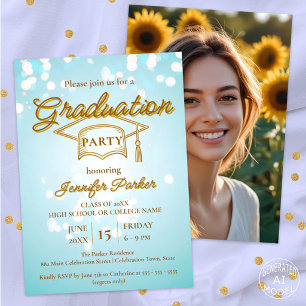 Invitación Elegante Gorra de Graduación Dorada sobre Fiesta d