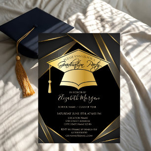 Invitación Elegante Gorra de Graduación Dorada Toga Negra de 