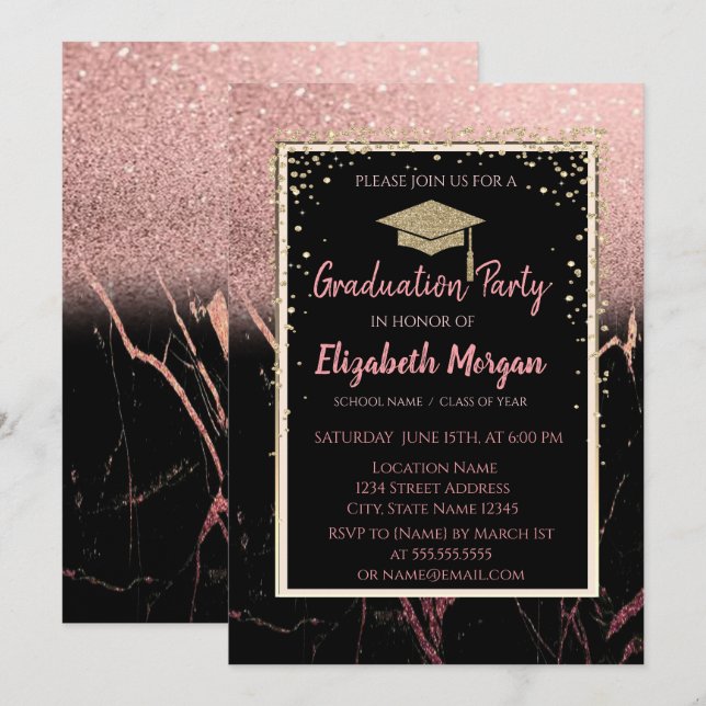 Invitación Elegante gorra de graduación moderna con brillo do (Anverso / Reverso)