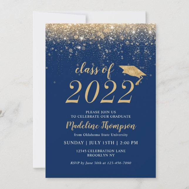 Invitación Elegante Gorra Purpurina de la Marina Azul Oro Gra (Anverso)
