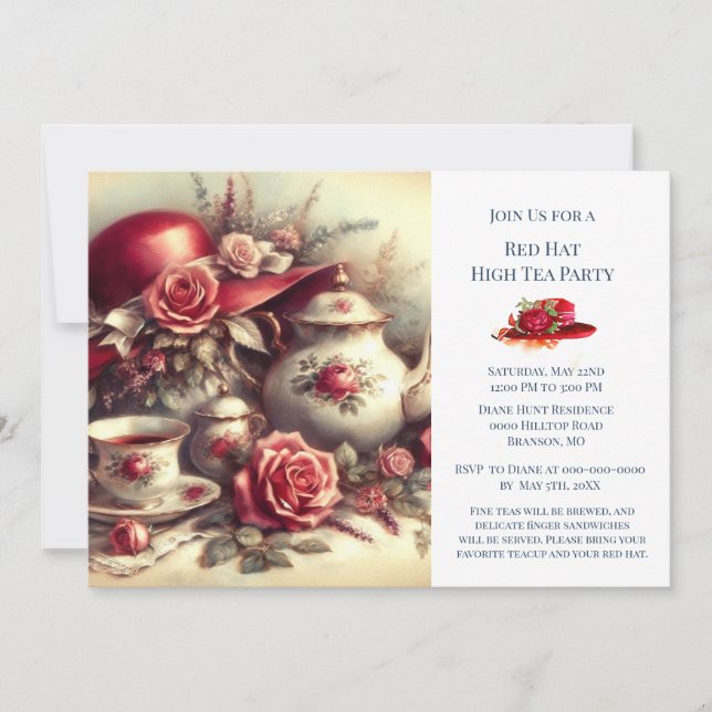 Invitación Elegante Gorra Rosa Rojo Tema Fiesta de té (Anverso)