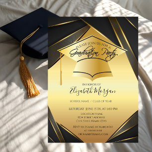 Invitación Elegante Gorro de Graduación de Oro Negro Dorado  