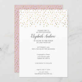 Invitación Elegante Gotas de lluvia rosada y dorada en Mitzva