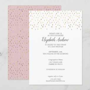 Invitación Elegante Gotas de lluvia rosada y dorada en Mitzva