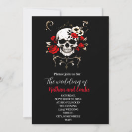 Invitación Elegante Gothic Skull boda invitado negro y rojo