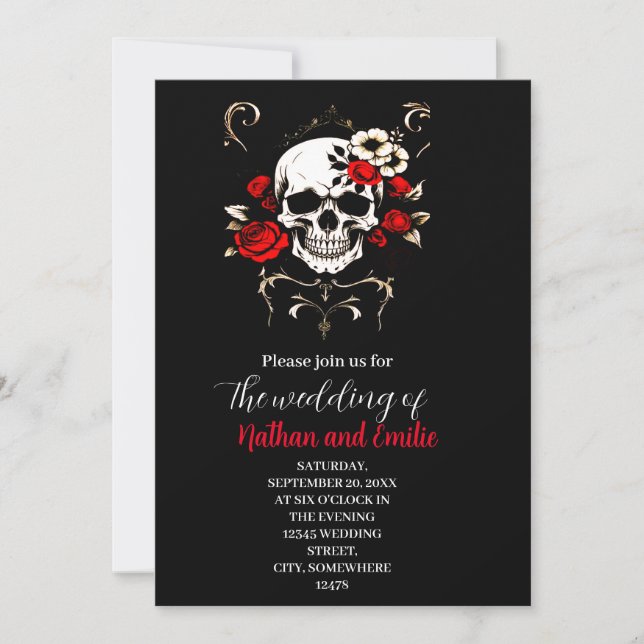 Invitación Elegante Gothic Skull boda invitado negro y rojo (Anverso)