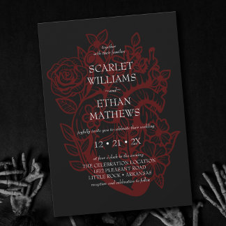 Invitación Elegante gótico Boda de Corazón Floral Rojo y Negr