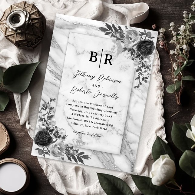 Invitación Elegante Gótico Boda floral negro (Subido por el creador)