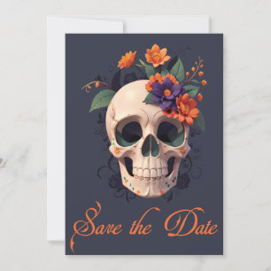 Invitación Elegante Gótico Floral Calavera Save the Date 3D
