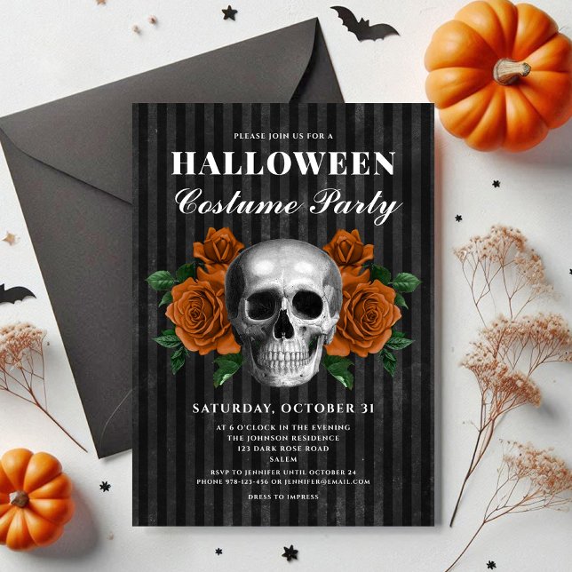 Invitación Elegante Gótico Floral Skull Costume Halloween (Elegant Gothic Floral Skull Costume Halloween Invitation)