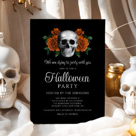 Invitación Elegante gótico negro floral calavera Halloween