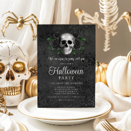 Invitación Elegante gótico negro floral calavera Halloween