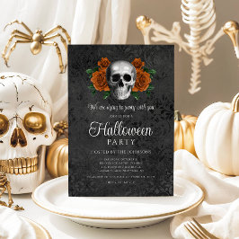 Invitación Elegante gótico negro floral cráneo Halloween