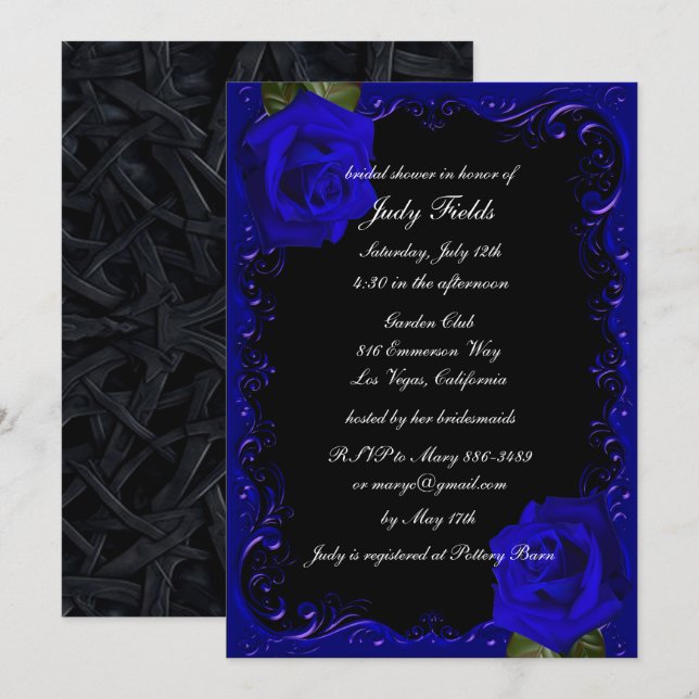 Invitación Elegante Gótico Rosas azules ducha de novia (Anverso / Reverso)