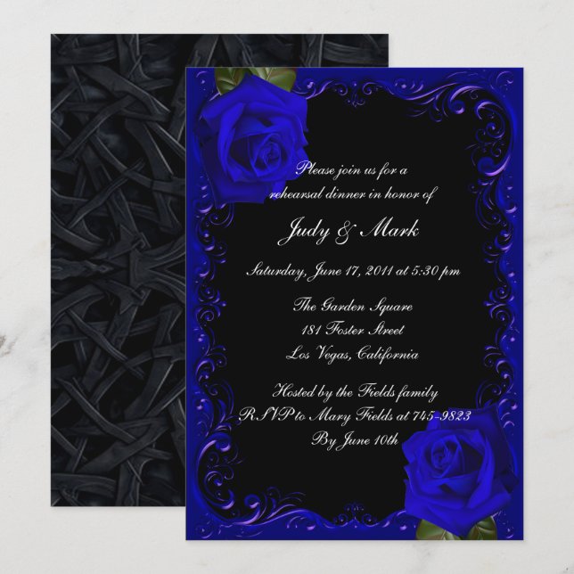 Invitación Elegante Gótico Rosas azules ensayar cena (Anverso / Reverso)