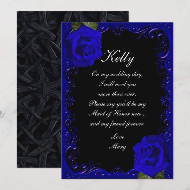 Invitación Elegante Gótico Rosas Azules Made Of Honor (Anverso / Reverso)